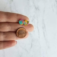 Multicolor Small Round Stud Earrings, hypoallergenic earring, colorful stud, post earring, 80s earring, splatter color turquoise pink yellow - Constant Baubling