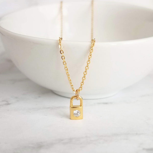 Small Padlock Necklace, tiny gold padlock necklace, gold lock necklace, key lock pendant, commitment necklace, gold love necklace, lockdown - Constant Baubling