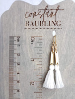 Gold White Tassel Earrings, long tassel earring, brass tassel earring, gold tassel earring, boho tassel earring, boho earring small tassel - Constant Baubling