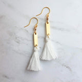 Gold White Tassel Earrings, long tassel earring, brass tassel earring, gold tassel earring, boho tassel earring, boho earring small tassel - Constant Baubling