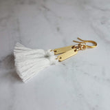 Gold White Tassel Earrings, long tassel earring, brass tassel earring, gold tassel earring, boho tassel earring, boho earring small tassel - Constant Baubling