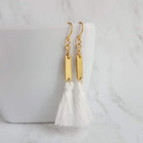 Gold White Tassel Earrings, long tassel earring, brass tassel earring, gold tassel earring, boho tassel earring, boho earring small tassel - Constant Baubling