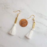 Gold White Tassel Earrings, long tassel earring, brass tassel earring, gold tassel earring, boho tassel earring, boho earring small tassel - Constant Baubling