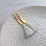 Gold White Tassel Earrings, long tassel earring, brass tassel earring, gold tassel earring, boho tassel earring, boho earring small tassel - Constant Baubling