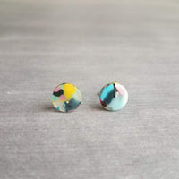 Multicolor Small Round Stud Earrings, hypoallergenic earring, colorful stud, post earring, 80s earring, splatter color turquoise pink yellow - Constant Baubling
