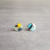 Multicolor Small Round Stud Earrings, hypoallergenic earring, colorful stud, post earring, 80s earring, splatter color turquoise pink yellow - Constant Baubling