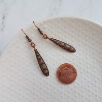 Copper Teardrop Earrings, antique copper earring, long copper drop earring, copper Boho earring, narrow teardrop earring, oxidized copper - Constant Baubling