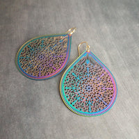 Metallic Rainbow Earrings, metallic earring, large teardrop, aurora earring, large filigree earring, filigree drop earring, iridescent oil - Constant Baubling