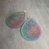 Metallic Rainbow Earrings, metallic earring, large teardrop, aurora earring, large filigree earring, filigree drop earring, iridescent oil - Constant Baubling
