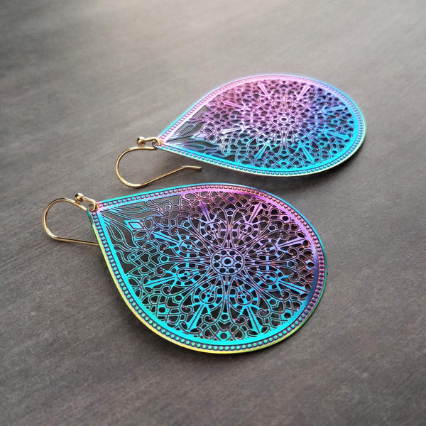 Metallic Rainbow Earrings, metallic earring, large teardrop, aurora earring, large filigree earring, filigree drop earring, iridescent oil - Constant Baubling