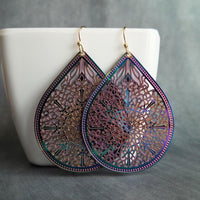 Metallic Rainbow Earrings, metallic earring, large teardrop, aurora earring, large filigree earring, filigree drop earring, iridescent oil - Constant Baubling