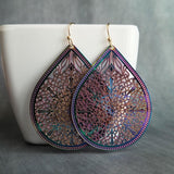 Metallic Rainbow Earrings, metallic earring, large teardrop, aurora earring, large filigree earring, filigree drop earring, iridescent oil - Constant Baubling