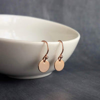 Rose Gold Sequin Earrings, rose gold disk earring, rose gold circle earring, tag earring, round dangle earring, small rose gold disc earring - Constant Baubling