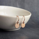 Rose Gold Sequin Earrings, rose gold disk earring, rose gold circle earring, tag earring, round dangle earring, small rose gold disc earring - Constant Baubling