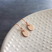 Rose Gold Sequin Earrings, rose gold disk earring, rose gold circle earring, tag earring, round dangle earring, small rose gold disc earring - Constant Baubling
