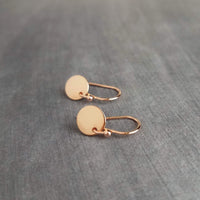 Rose Gold Sequin Earrings, rose gold disk earring, rose gold circle earring, tag earring, round dangle earring, small rose gold disc earring - Constant Baubling