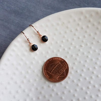 Small Round Rose Gold Earrings, black enamel earring, rose gold black earring, rose gold dot earring, tiny rose gold dangle earring, little - Constant Baubling