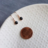 Small Round Rose Gold Earrings, black enamel earring, rose gold black earring, rose gold dot earring, tiny rose gold dangle earring, little - Constant Baubling