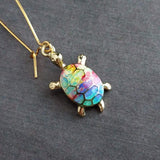 Rainbow Turtle Necklace, gold turtle necklace, enamel turtle pendant, terrapin necklace, reptile necklace, colorful turtle watercolor turtle - Constant Baubling