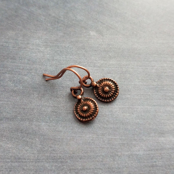 Tiny Round Copper Earrings, aged copper earring, antique copper earring, small copper dangle, little antique copper earring copper medallion - Constant Baubling
