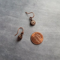 Tiny Round Copper Earrings, aged copper earring, antique copper earring, small copper dangle, little antique copper earring copper medallion - Constant Baubling