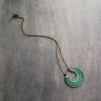 Crescent Moon Necklace, verdigris patina necklace, semicircle pendant, bronze necklace, medallion pendant, filigree pendant necklace, green - Constant Baubling