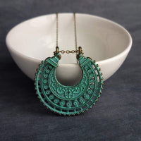 Crescent Moon Necklace, verdigris patina necklace, semicircle pendant, bronze necklace, medallion pendant, filigree pendant necklace, green - Constant Baubling
