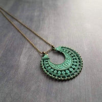 Crescent Moon Necklace, verdigris patina necklace, semicircle pendant, bronze necklace, medallion pendant, filigree pendant necklace, green - Constant Baubling