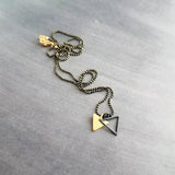 Small Triangle Necklace, black gold necklace, double layer pendant, double triangle necklace, triangle outline necklace, black ball chain - Constant Baubling