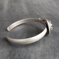Grey Glass Stone Silver Cuff Bracelet, heavy silver cuff, oxidized silver bracelet, antique silver, black gray glass, dark stormy grey round - Constant Baubling