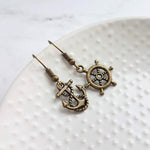 Anchor & Wheel Helm Earring Set, boat earring, mismatched earring, nautical earring, sea earring, boat jewelry, captain antique brass bronze - Constant Baubling