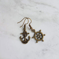 Boat Anchor Earring Set, wheel helm earring, boat earring, mismatched, nautical earring, patina earring, rustic bronze, blue green patina - Constant Baubling
