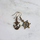 Boat Anchor Earring Set, wheel helm earring, boat earring, mismatched, nautical earring, patina earring, rustic bronze, blue green patina - Constant Baubling