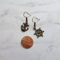 Anchor & Wheel Helm Earring Set, boat earring, mismatched earring, nautical earring, sea earring, boat jewelry, captain antique brass bronze - Constant Baubling