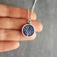 Bare Tree Necklace, navy blue white necklace, tree pendant, silver tree necklace, silver chain, round pendant necklace, autumn midnight tree - Constant Baubling