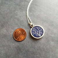 Bare Tree Necklace, navy blue white necklace, tree pendant, silver tree necklace, silver chain, round pendant necklace, autumn midnight tree - Constant Baubling