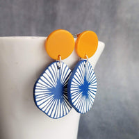 Large Chunky Earrings, 80s style earring, mustard yellow earring, blue orange earring, starburst earring, asymmetrical round acrylic earring - Constant Baubling