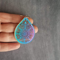 Metallic Rainbow Earrings, metallic earring, large teardrop, aurora earring, large filigree earring, filigree drop earring, iridescent oil - Constant Baubling