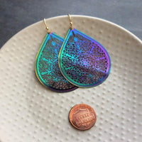 Metallic Rainbow Earrings, metallic earring, large teardrop, aurora earring, large filigree earring, filigree drop earring, iridescent oil - Constant Baubling