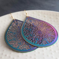 Metallic Rainbow Earrings, metallic earring, large teardrop, aurora earring, large filigree earring, filigree drop earring, iridescent oil - Constant Baubling