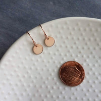 Rose Gold Sequin Earrings, rose gold disk earring, rose gold circle earring, tag earring, round dangle earring, small rose gold disc earring - Constant Baubling