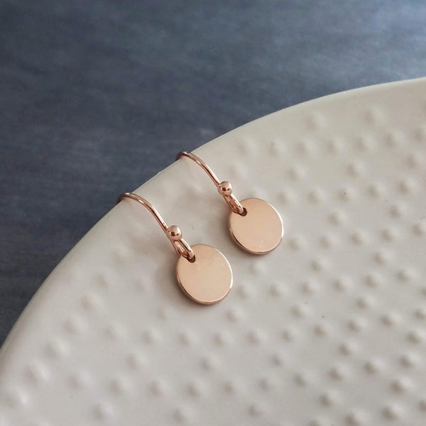 Rose Gold Sequin Earrings, rose gold disk earring, rose gold circle earring, tag earring, round dangle earring, small rose gold disc earring - Constant Baubling