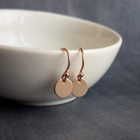 Rose Gold Sequin Earrings, rose gold disk earring, rose gold circle earring, tag earring, round dangle earring, small rose gold disc earring - Constant Baubling