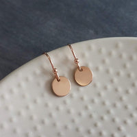Rose Gold Sequin Earrings, rose gold disk earring, rose gold circle earring, tag earring, round dangle earring, small rose gold disc earring - Constant Baubling