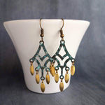 Patina Chandelier Earrings, bronze chandelier earring, large earring, extra long earring, verdigris patina, gold oval dangle, fringe earring - Constant Baubling