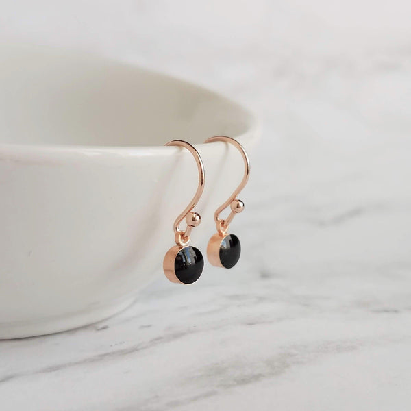 Small Round Rose Gold Earrings, black enamel earring, rose gold black earring, rose gold dot earring, tiny rose gold dangle earring, little - Constant Baubling