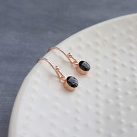 Small Round Rose Gold Earrings, black enamel earring, rose gold black earring, rose gold dot earring, tiny rose gold dangle earring, little - Constant Baubling
