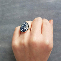 Large Teardrop Ring, tiny floral print glass tear drop, hypoallergenic stainless steel ring, mustard navy pink flowers small buds, statement - Constant Baubling