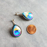 Peacock Earrings, feather earrings, silver earrings, statement earrings bright color teal lever back earrings hypoallergenic stainless steel - Constant Baubling