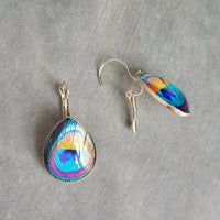 Peacock Earrings, feather earrings, stainless steel earring, bright color feather lever back earring hypoallergenic silver tear drop earring - Constant Baubling